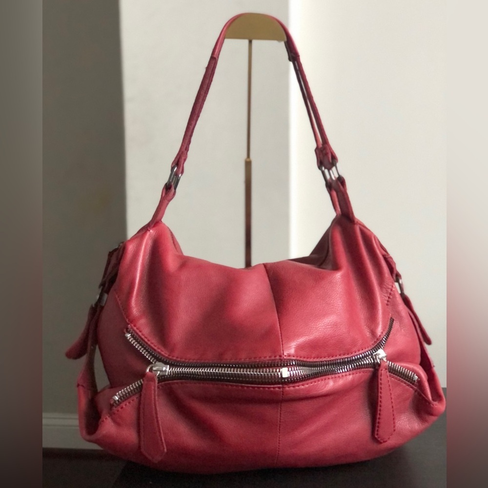 Linea Pelle Red Supple Leather Zipper detail shoulder bag